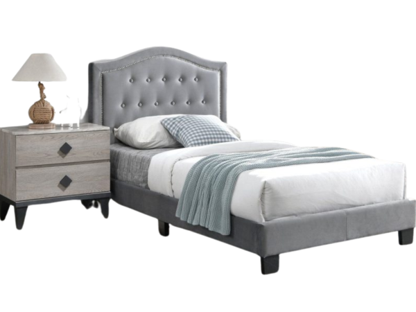 GREY FULL VELVET TUFTED HEADBOARD W/ NAILHEADS PLATFORM