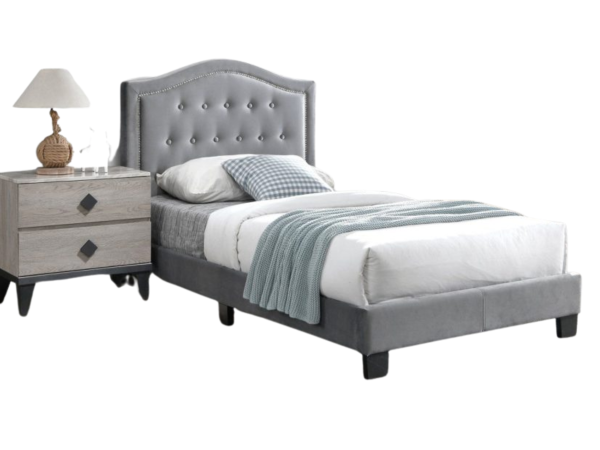 GREY TWIN VELVET TUFTED HEADBOARD W/ NAILHEADS PLATFORM