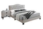 LIGHT BROWN QUEEN FABRIC TUFTED HEADBOARD W/ NAILHEADS PLATFORM