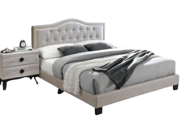 LIGHT BROWN QUEEN FABRIC TUFTED HEADBOARD W/ NAILHEADS PLATFORM