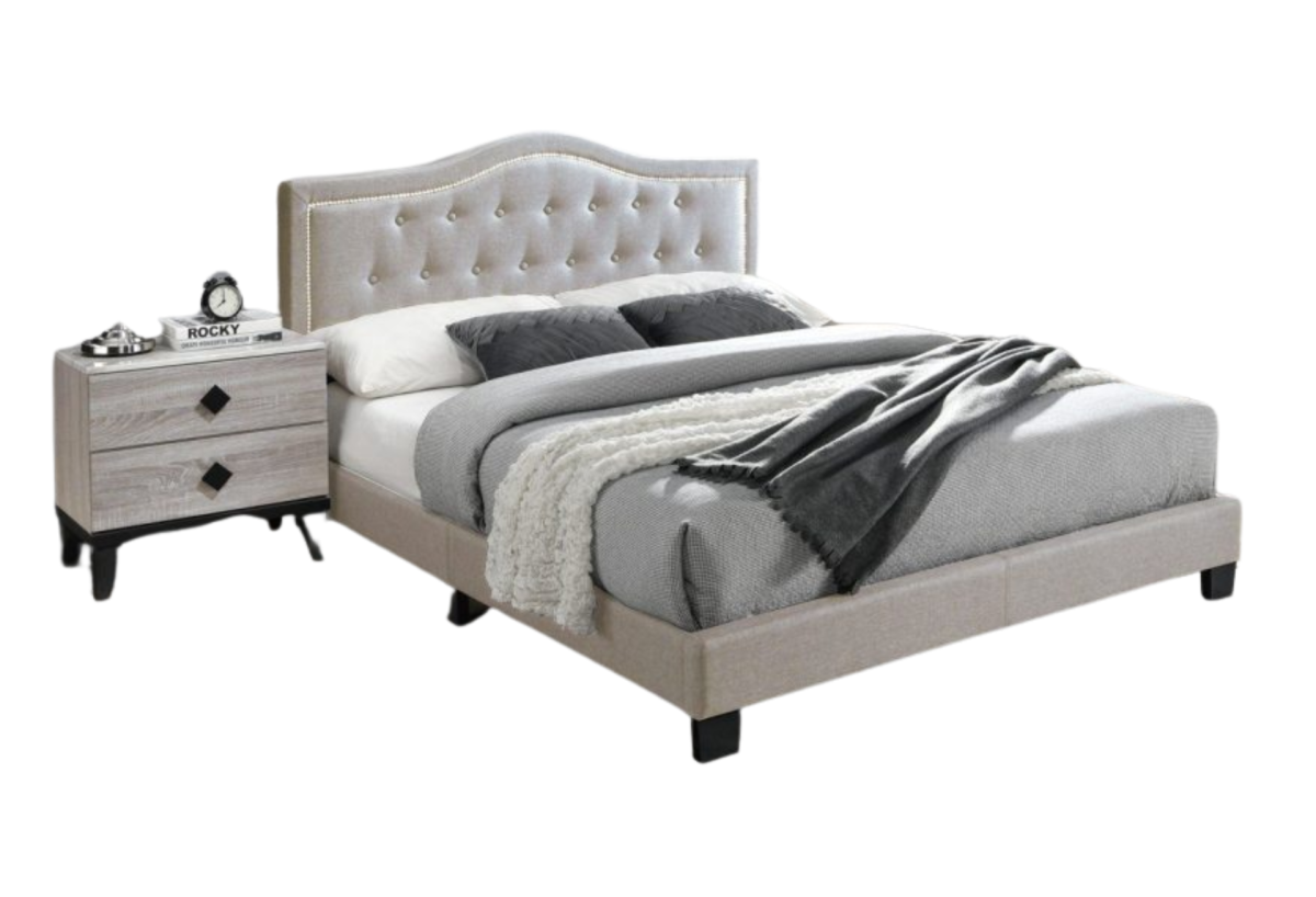 LIGHT BROWN TWIN FABRIC TUFTED HEADBOARD W/ NAILHEADS PLATFORM