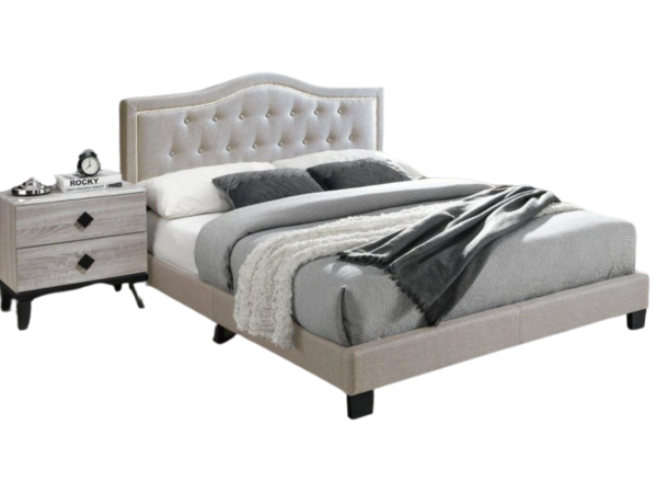 LIGHT BROWN TWIN FABRIC TUFTED HEADBOARD W/ NAILHEADS PLATFORM