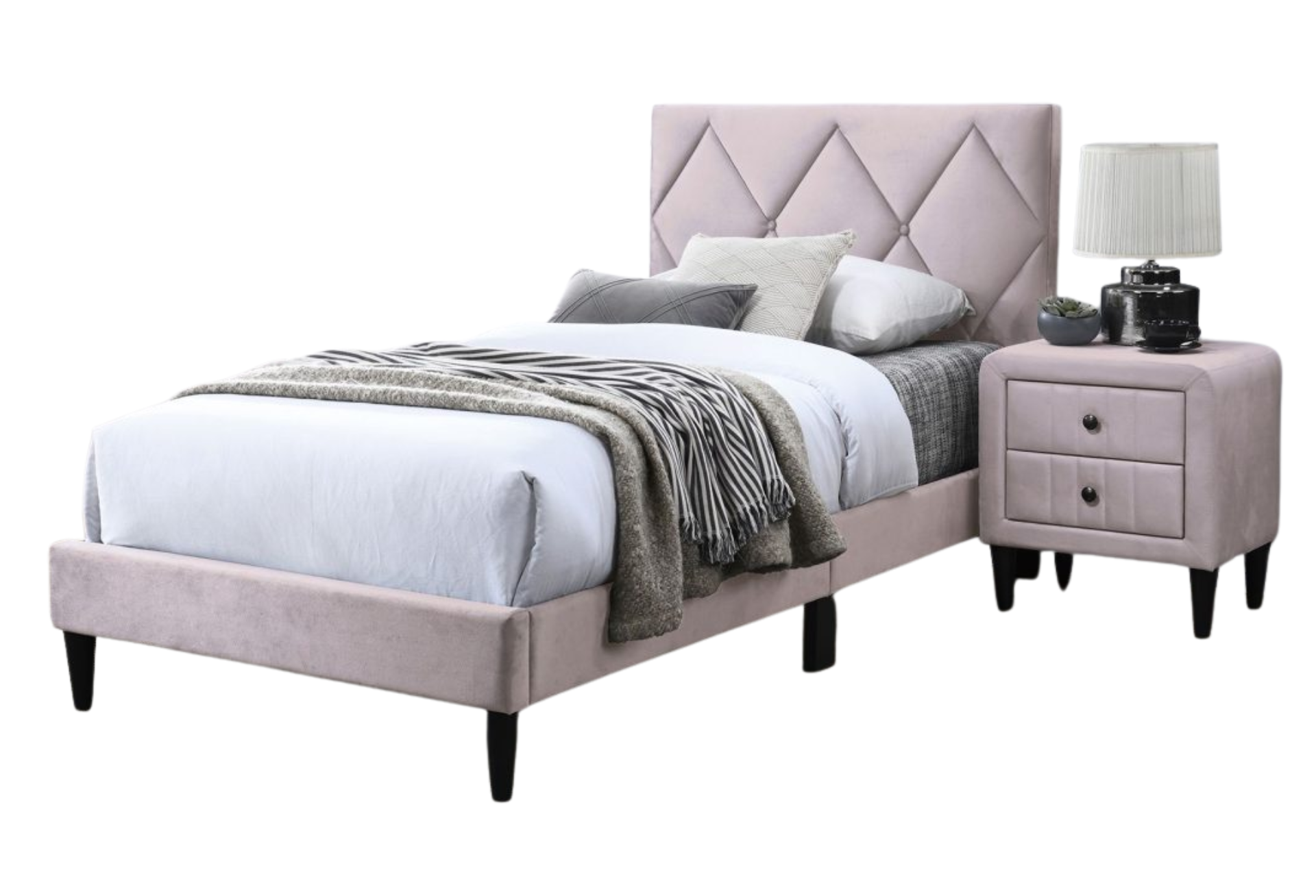 TWIN BED – LIGHT PINK – VELVET – PLATFORM