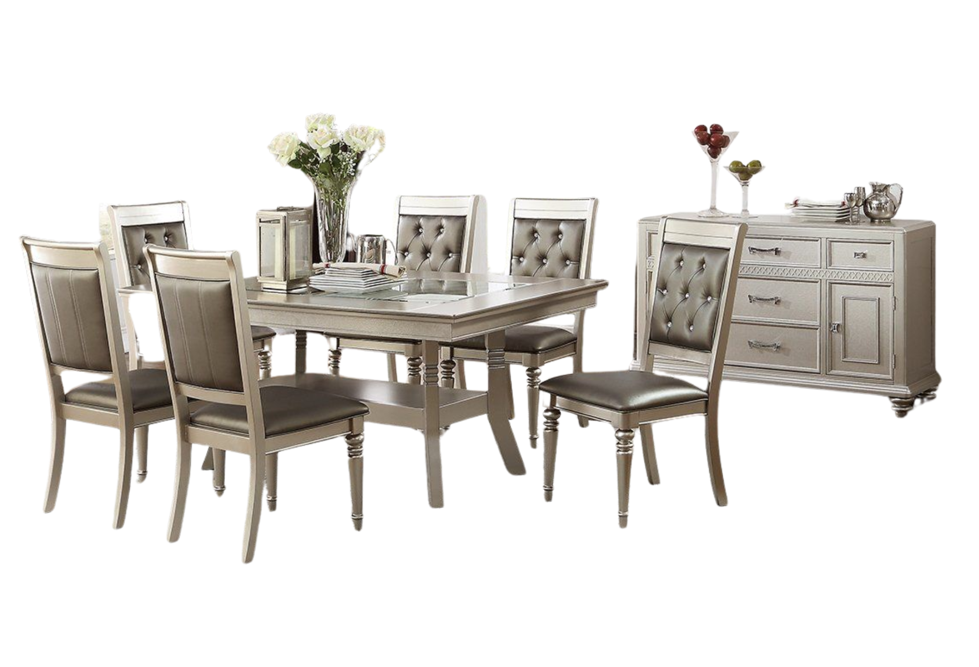 SILVER LEATHER TUFTED DINING CHAIR (SOLD AS PAIR)