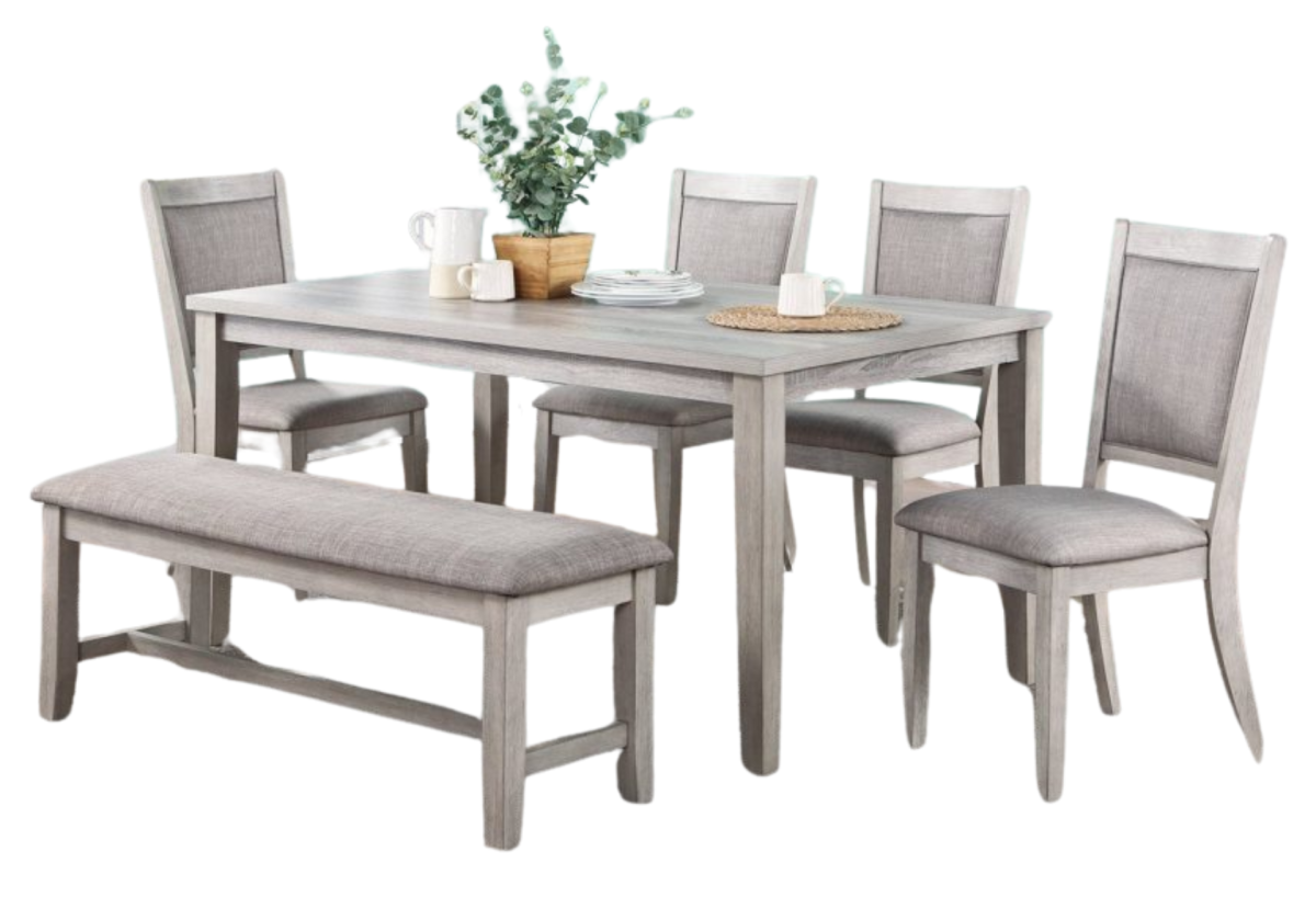 6 PCS GREY DINING SET 4 CHAIRS + 1 TABLE + 1 BENCH