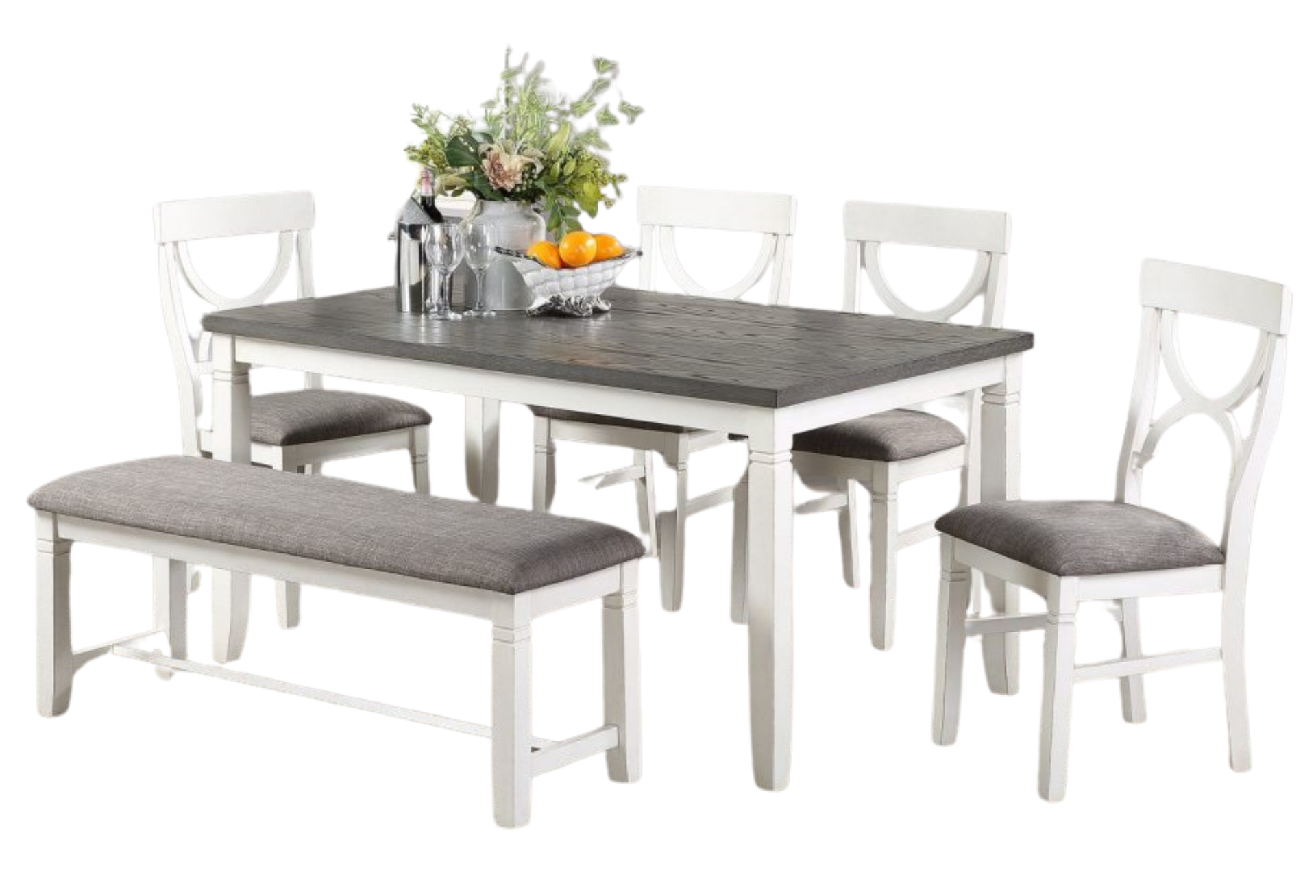 6 PCS GREY DINING SET 4 CHAIRS + 1 TABLE + 1 BENCH