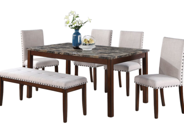 6 PCS FAUX MARBLE TOP DINING SET 4 POLYFIBER BEIGE CHAIRS + 1 TABLE + 1 BENCH