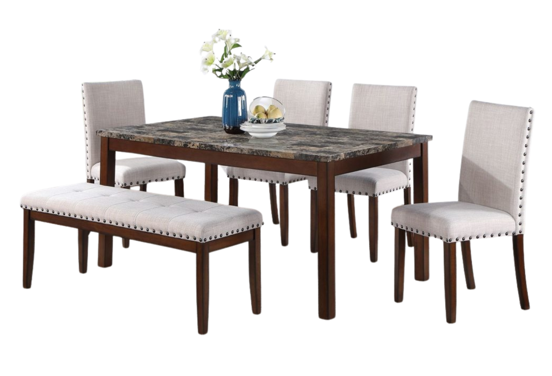6 PCS FAUX MARBLE TOP DINING SET 4 POLYFIBER BEIGE CHAIRS + 1 TABLE + 1 BENCH