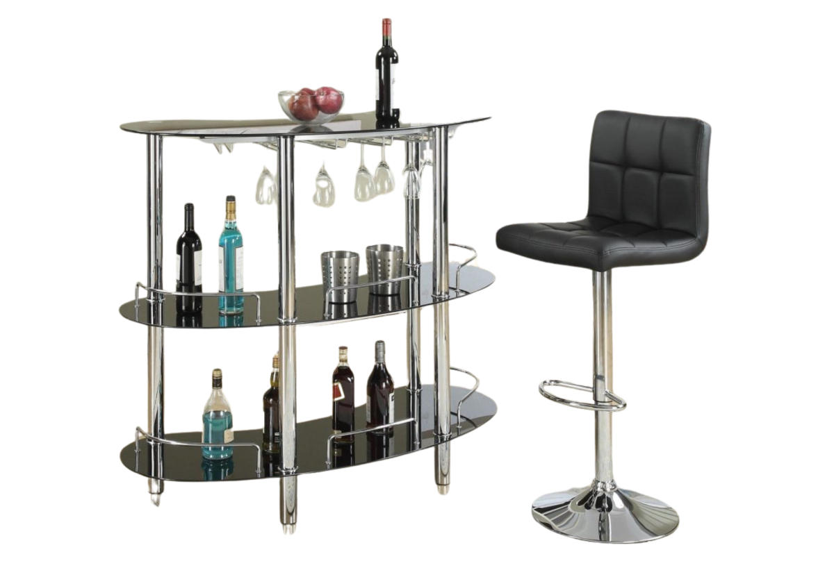BLACK GLASS BAR W/ GLASS RACK