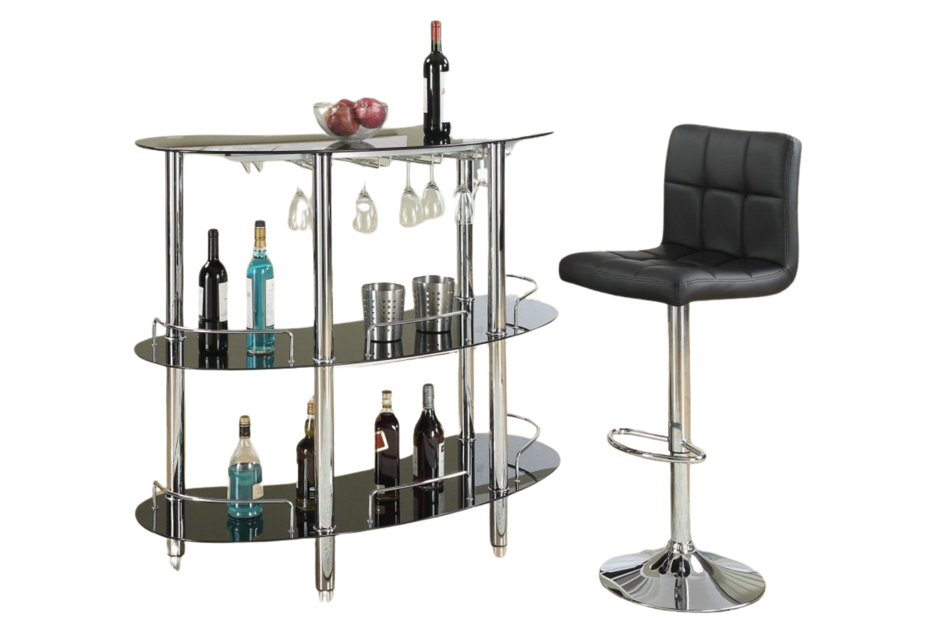 BLACK GLASS BAR W/ GLASS RACK