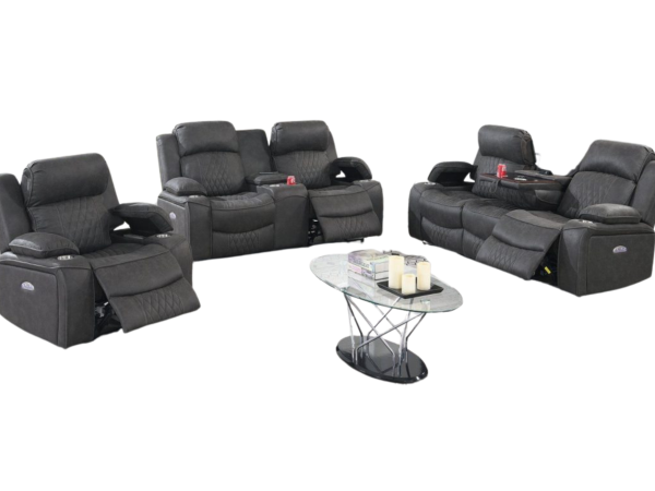 CHARCOAL LEATHER POWER RECLINER SOFA W/ OVERHEAD LIGHTING PANEL W/ WIRELESS CHARGING CONSOLE