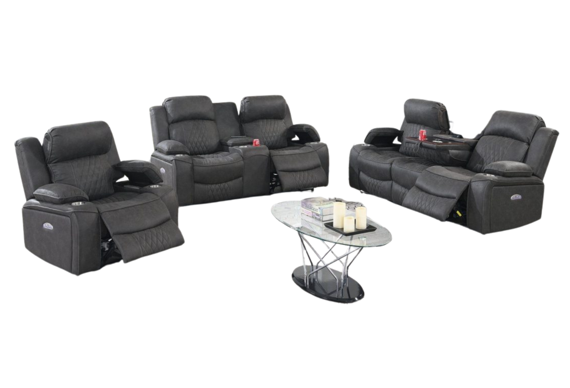 CHARCOAL LEATHER POWER RECLINER SOFA W/ OVERHEAD LIGHTING PANEL W/ WIRELESS CHARGING CONSOLE